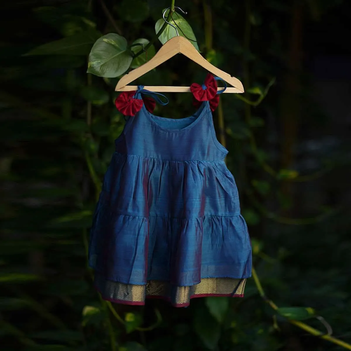 Kalki Girls Blue Tiered Dress In Cotton Silk With Adjustable Red Tie Ups On The Shoulder By Love The World Today