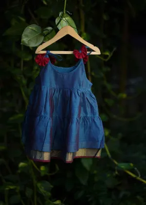 Kalki Girls Blue Tiered Dress In Cotton Silk With Adjustable Red Tie Ups On The Shoulder By Love The World Today