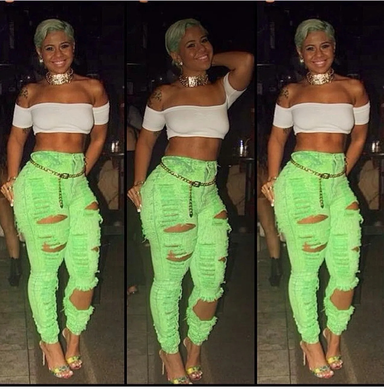 Neon Green High Waist Ripped  Jeans
