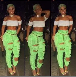 Neon Green High Waist Ripped  Jeans