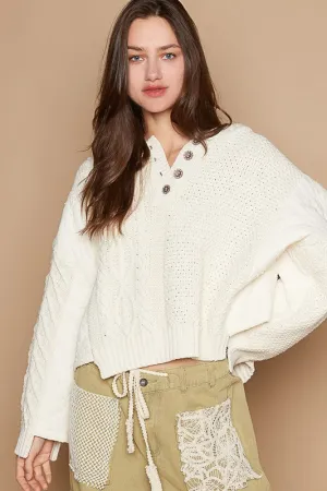 ONLINE EXCLUSIVE POL Cable-Knit Quarter Button Hooded Sweater