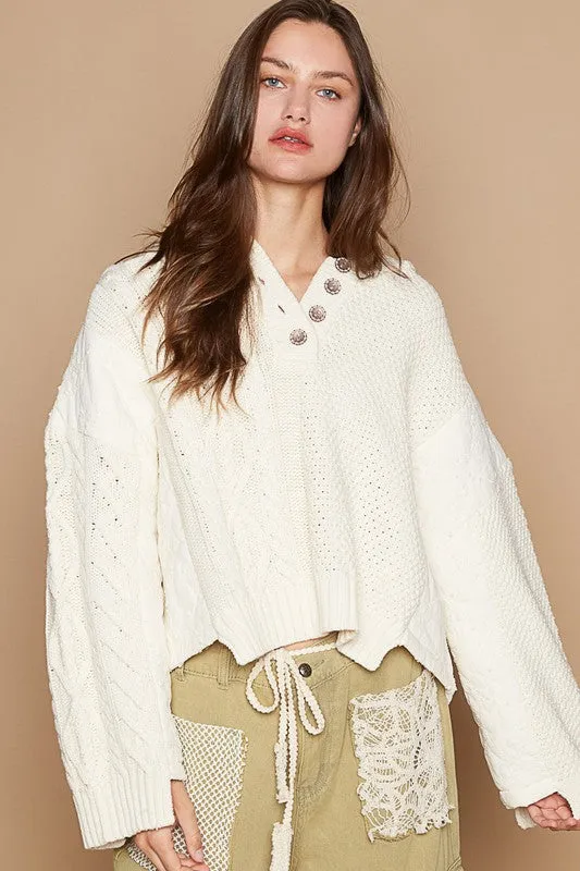 ONLINE EXCLUSIVE POL Cable-Knit Quarter Button Hooded Sweater