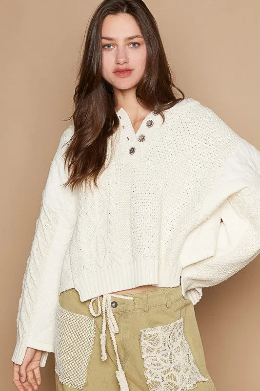 ONLINE EXCLUSIVE POL Cable-Knit Quarter Button Hooded Sweater