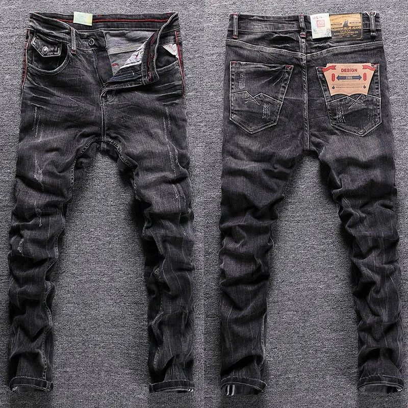 Streetwear Fashion Men Jeans Retro Black Gray Elastic Slim Ripped Jeans Men Trousers Vintage Casual Stretch Denim Pants Hombre