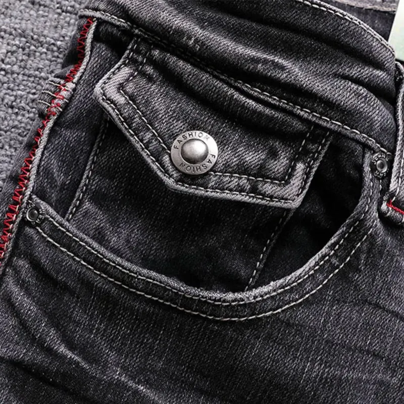 Streetwear Fashion Men Jeans Retro Black Gray Elastic Slim Ripped Jeans Men Trousers Vintage Casual Stretch Denim Pants Hombre