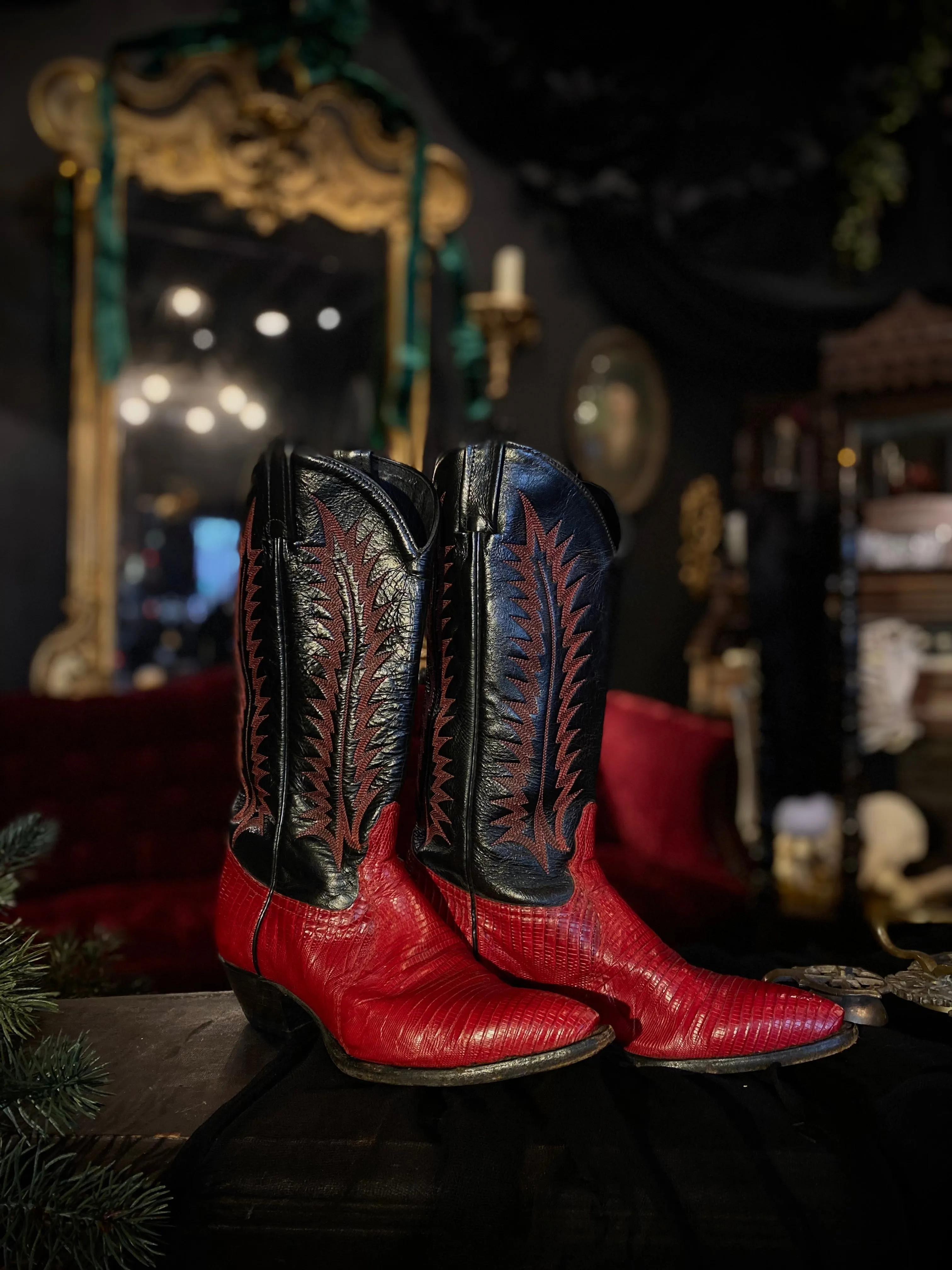 Tony Lama Red And Black Embroidered Lizard Leather Cowgirl Boots 7 Women’s
