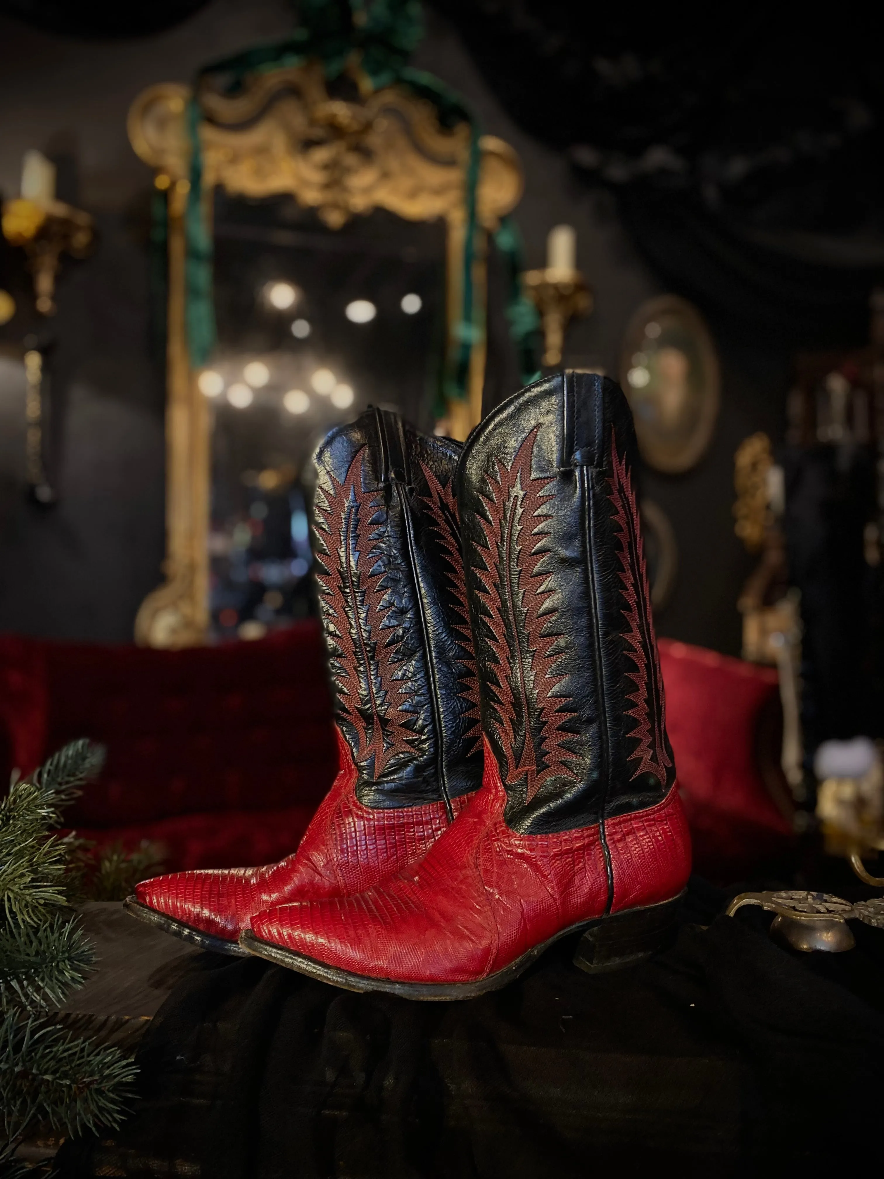 Tony Lama Red And Black Embroidered Lizard Leather Cowgirl Boots 7 Women’s