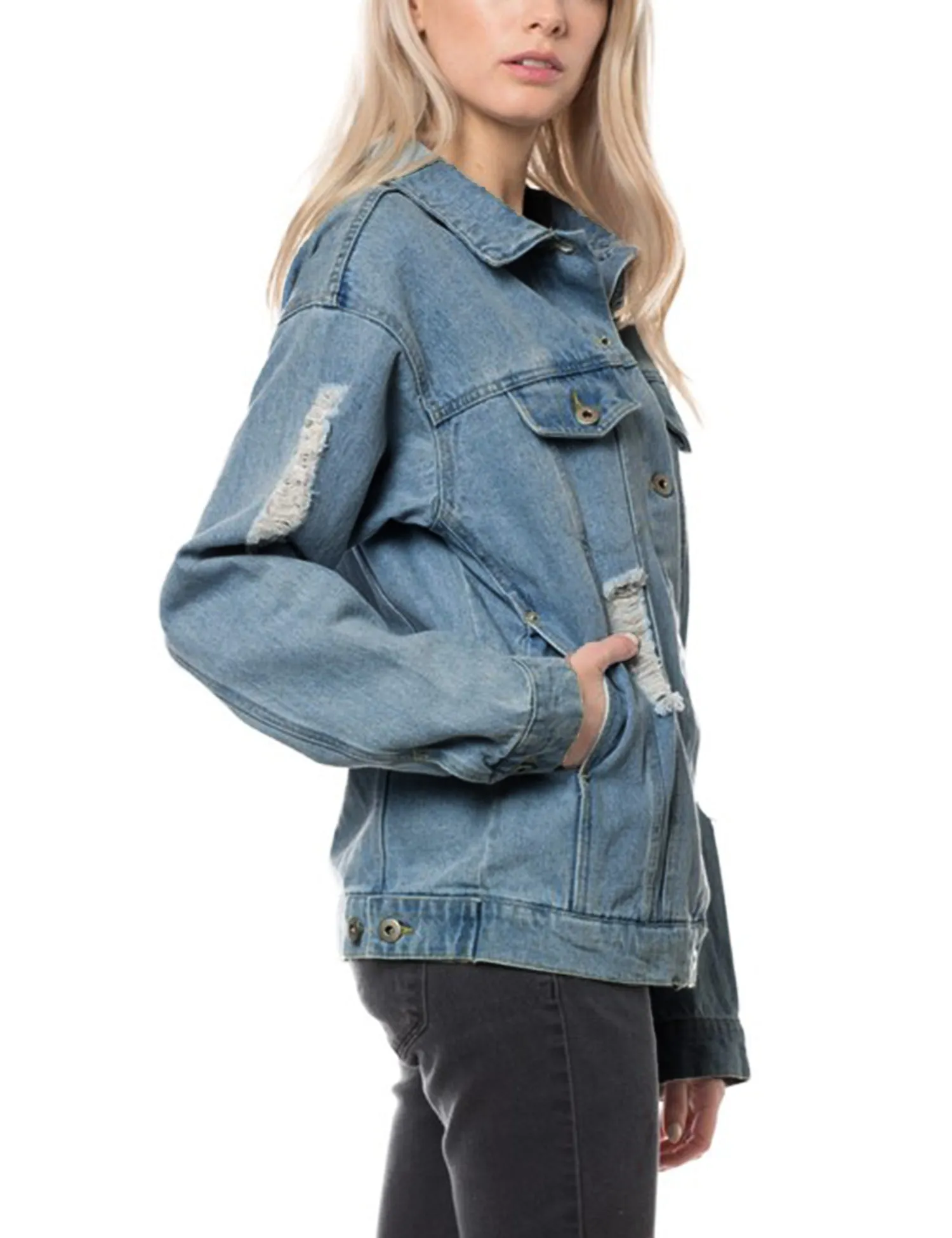 Women's Distressed Boyfreind Denim Jacket Loose Fit with Inner Pockets