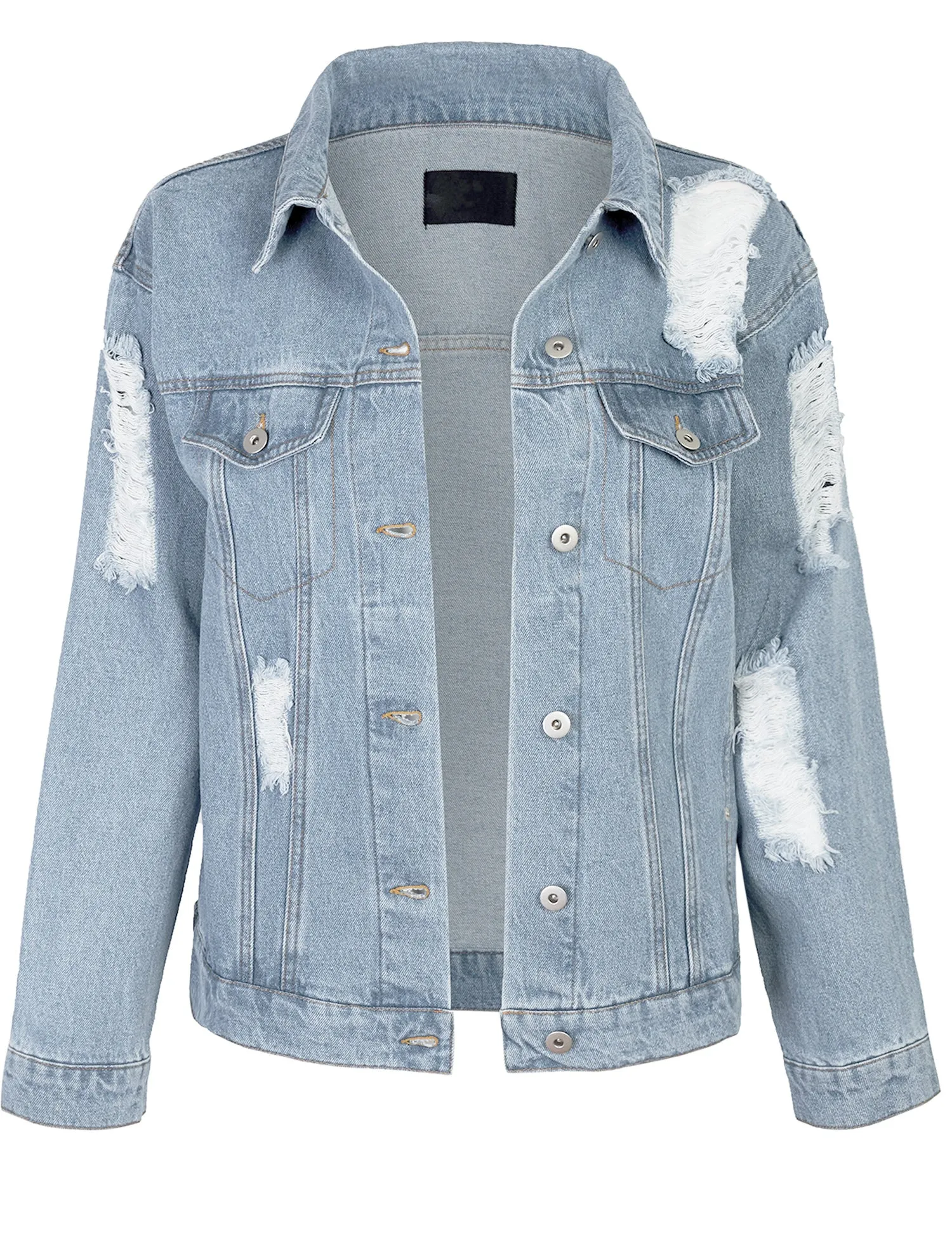 Women's Distressed Boyfreind Denim Jacket Loose Fit with Inner Pockets