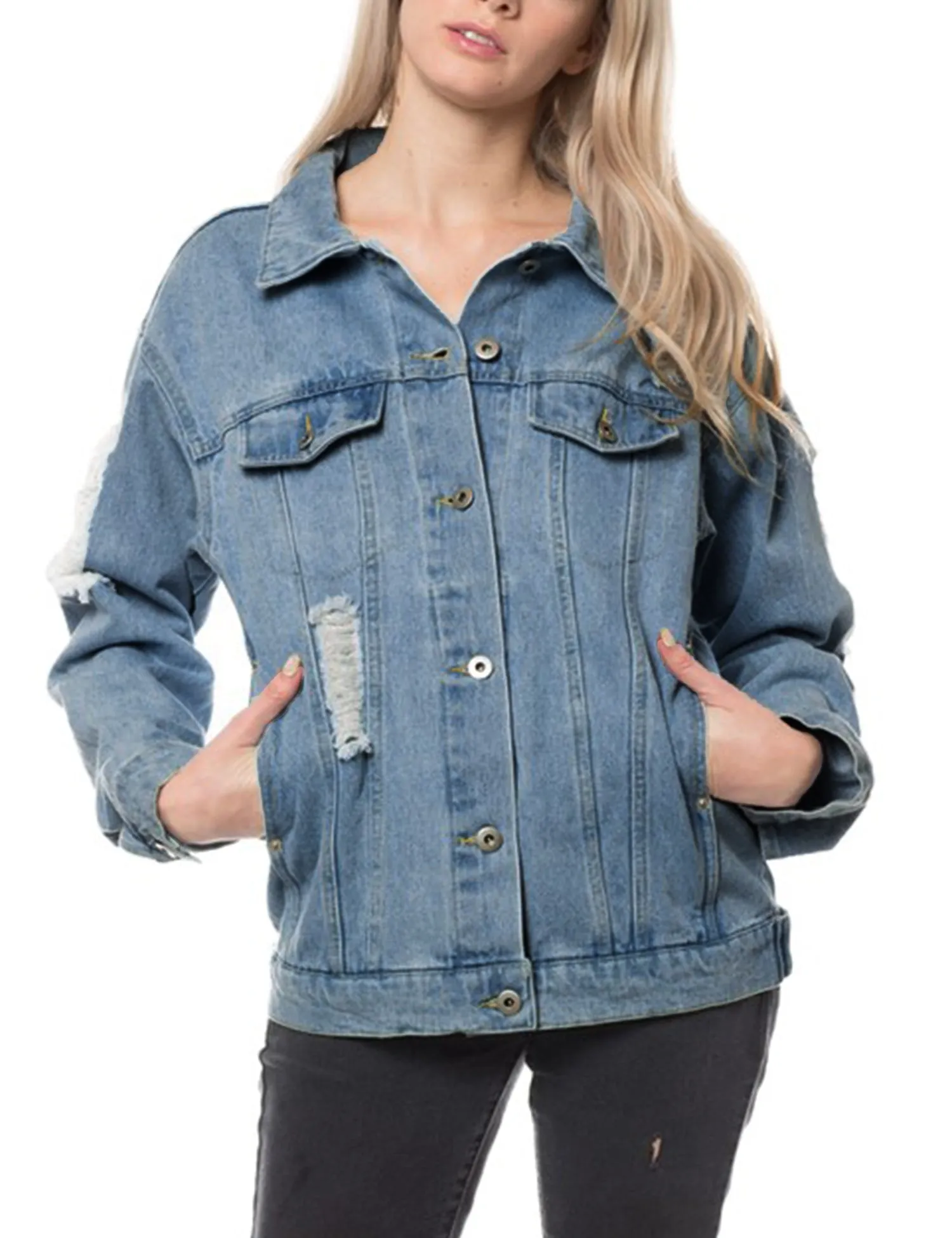 Women's Distressed Boyfreind Denim Jacket Loose Fit with Inner Pockets