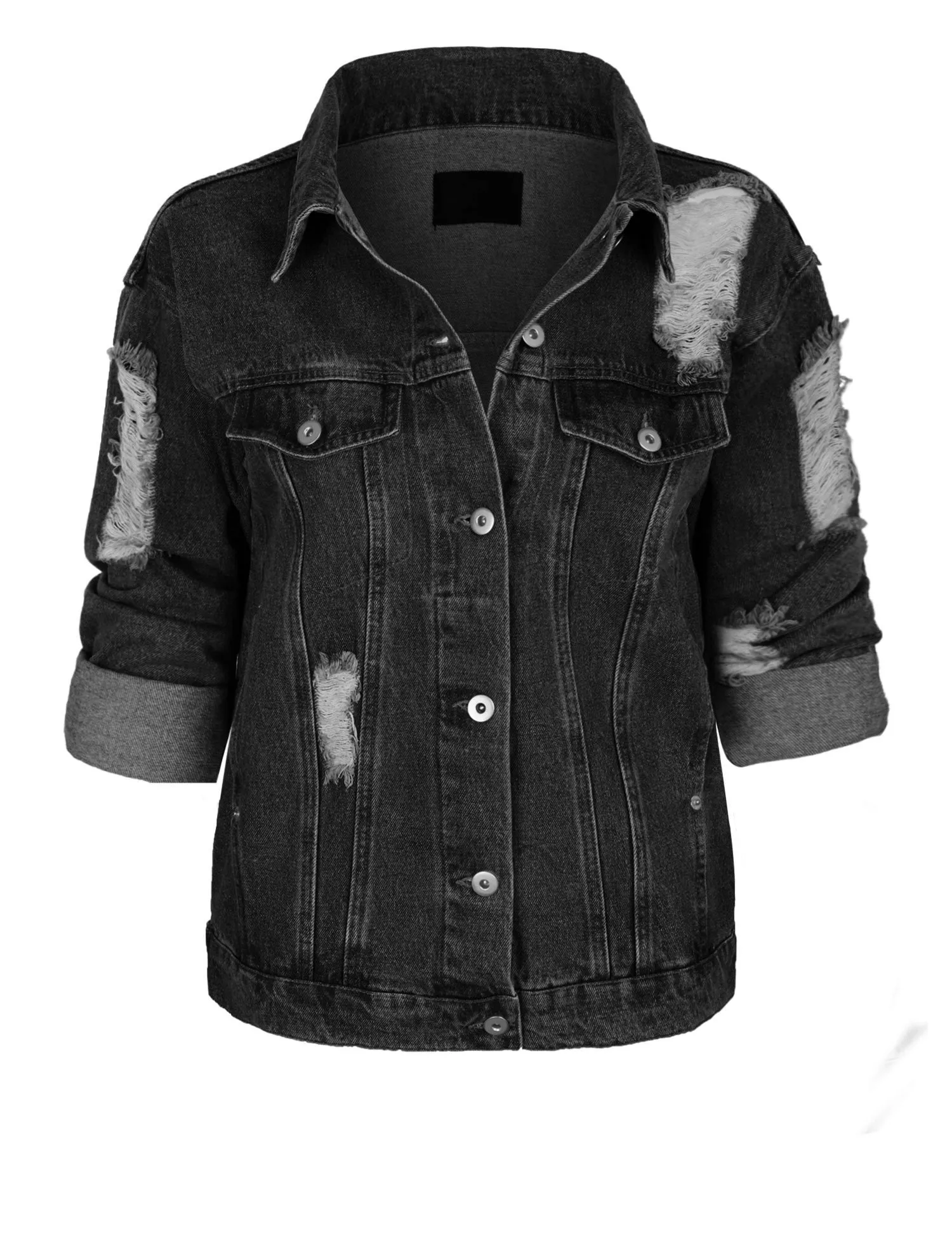 Women's Distressed Boyfreind Denim Jacket Loose Fit with Inner Pockets