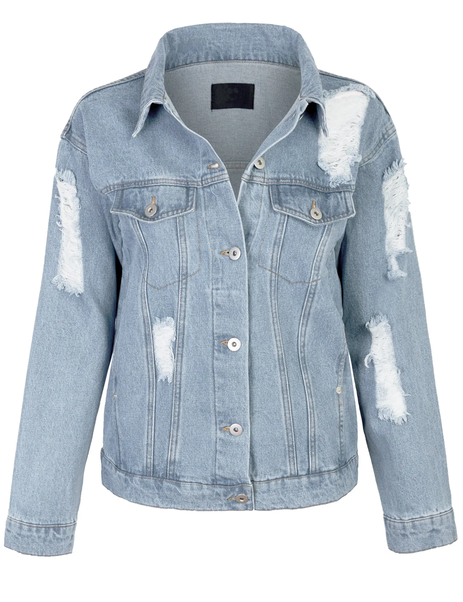 Women's Distressed Boyfreind Denim Jacket Loose Fit with Inner Pockets