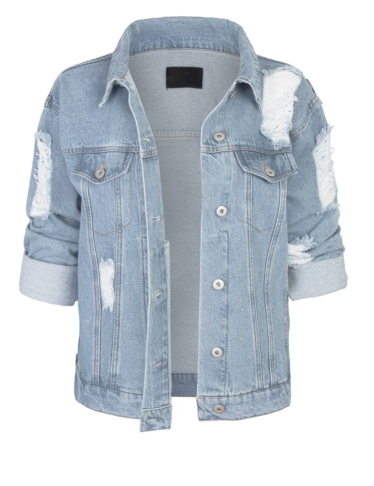 Women's Distressed Boyfreind Denim Jacket Loose Fit with Inner Pockets