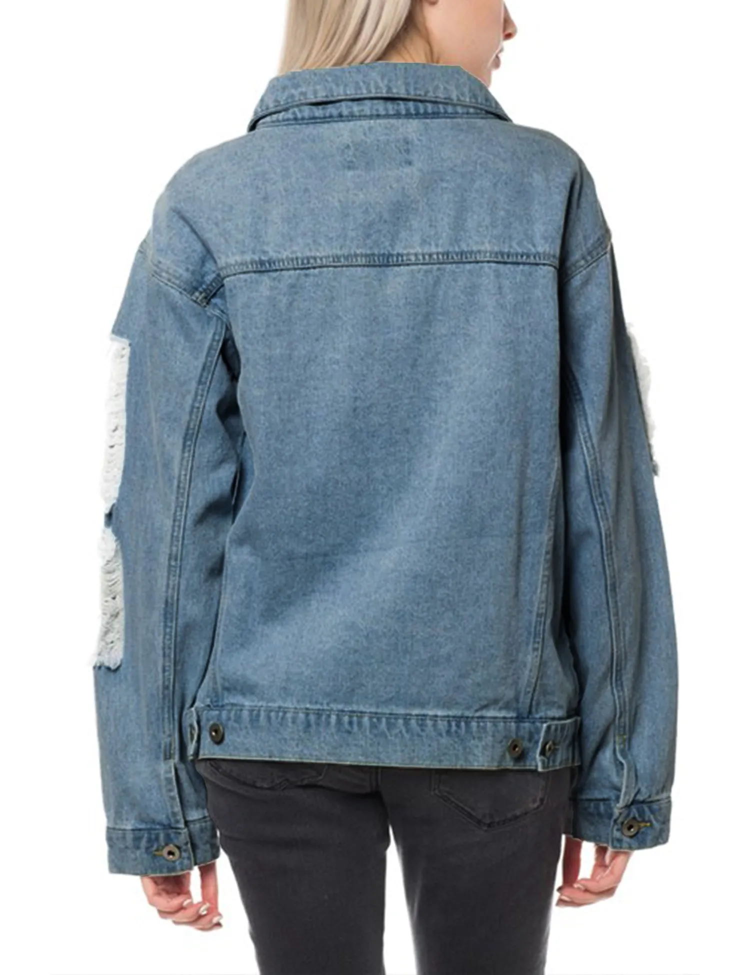 Women's Distressed Boyfreind Denim Jacket Loose Fit with Inner Pockets